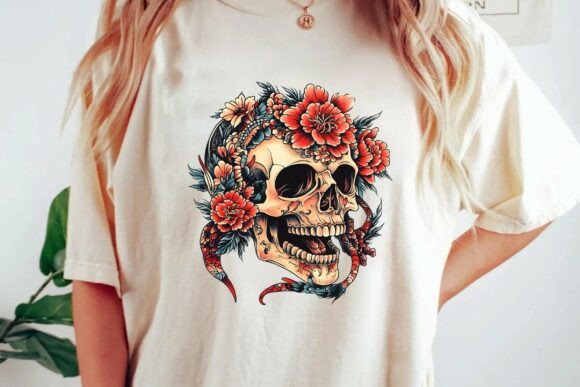 Download Vintage Floral Skull Tattoo Design with Snake Neo Traditional Illustration Png - Illustration Collection